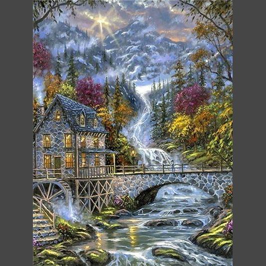 Fantasie Wasserfall neben Haus Diamond Painting Diamant Malerei-DiamondpaintingX.ch