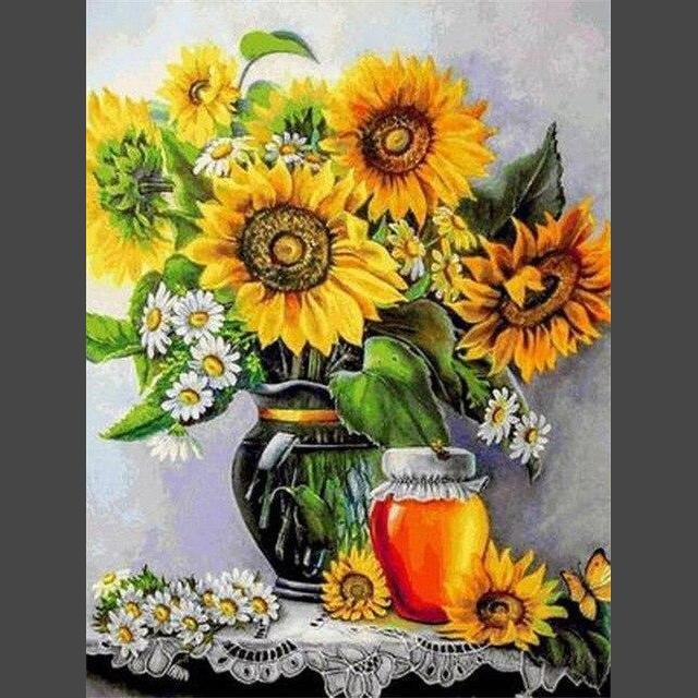 Sonnenblume mit Glas Honig Diamond Painting Diamant Malerei-DiamondpaintingX.ch