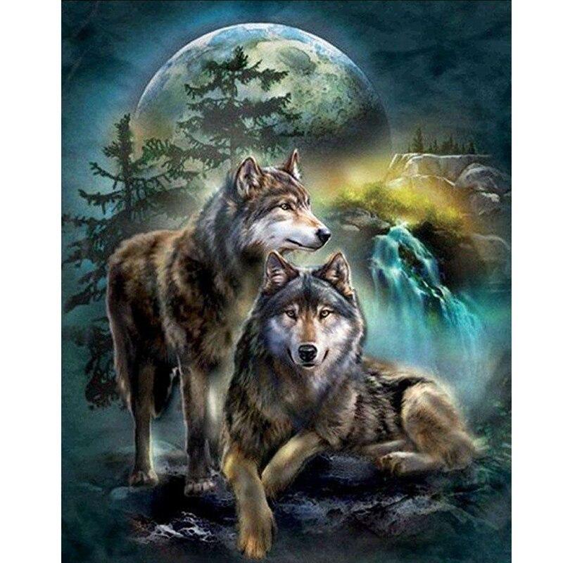 Wolf mit Wasserfall und Wald Diamond Painting Diamant Malerei-DiamondpaintingX.ch